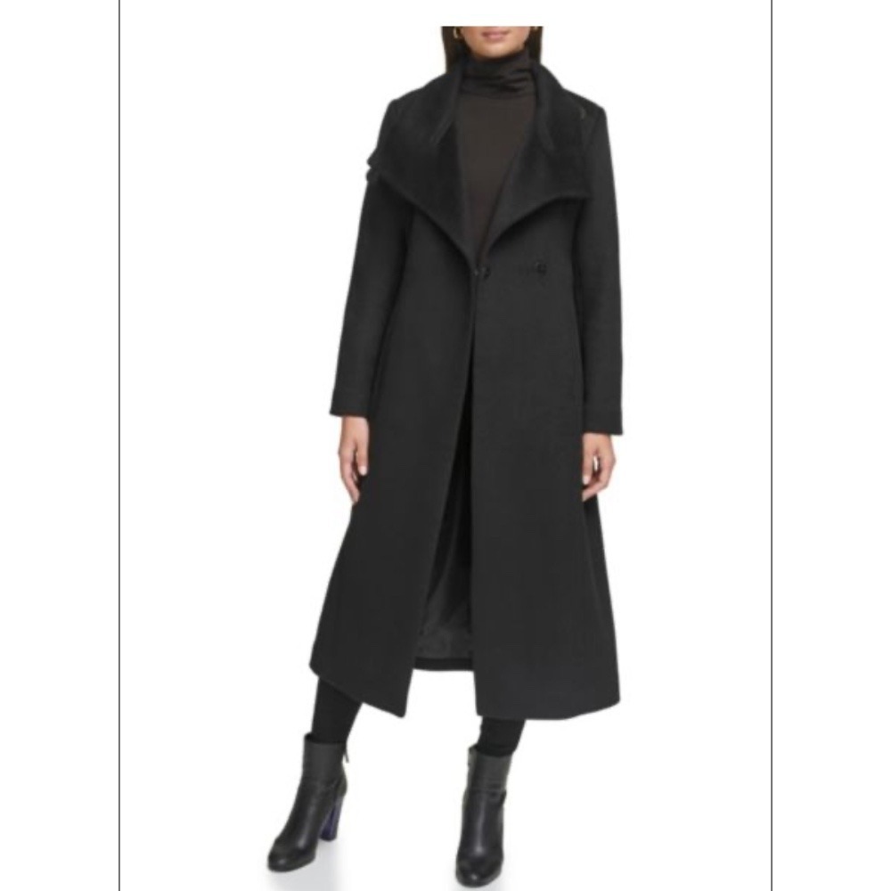 NWOT Saks‎ Kenneth Cole New York Wool Blend Wrap Coat Belted Black Size 14